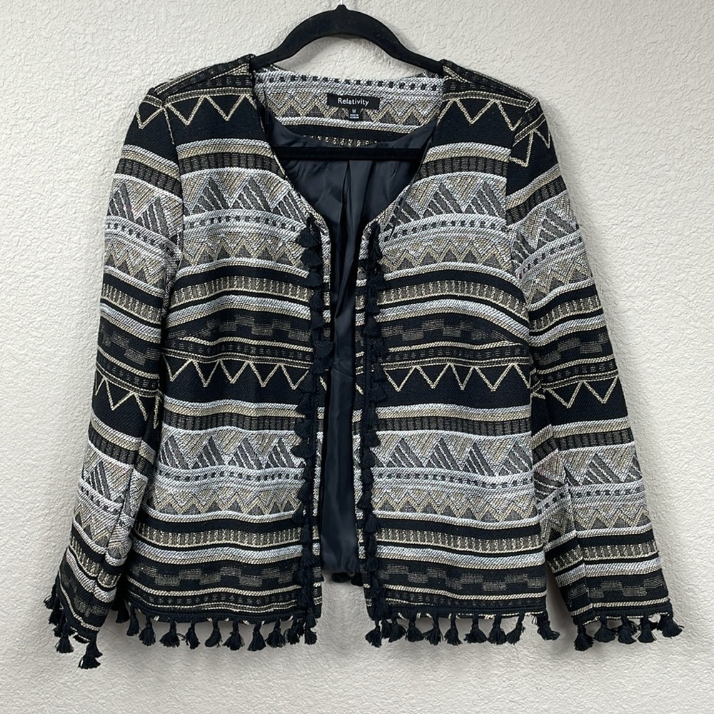 NWT Relativity Tapestry Fringe Open Front Cardigan Blazer Jacket Sz M